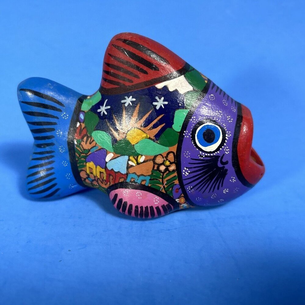 Tonola Mexican Pottery Open Mouth Fish Hand Painted Folk Art